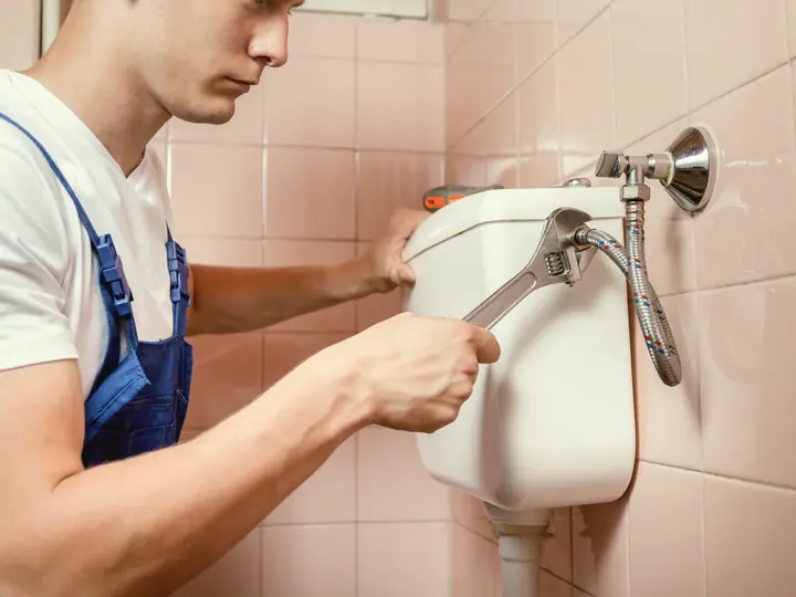 Plombier réparant le réservoir d'une toilette